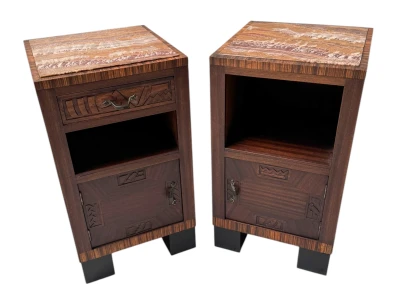 Two Art Deco Nightstands or Bedside Tables with Multi-Colored Marble Tops, 1930s